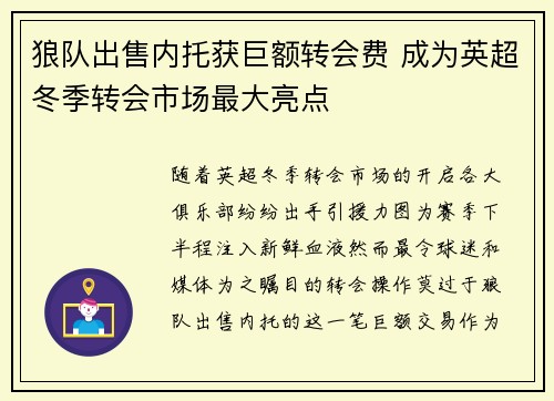 狼队出售内托获巨额转会费 成为英超冬季转会市场最大亮点